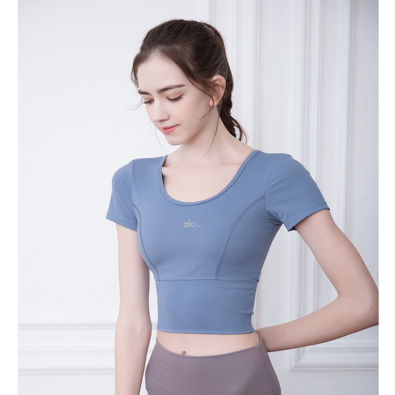 Alosco Beautiful Back Yoga Short-Sleeve Top for Women with Chest Pads, Naked-Feel Sports T-Shirt for Pilates, Running, and Fitness