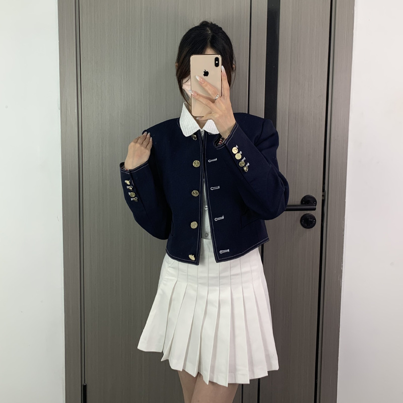 High-Quality Early Autumn New Women's Red, White, and Blue Webbing Contrast-Stitching Round-Neck Blazer