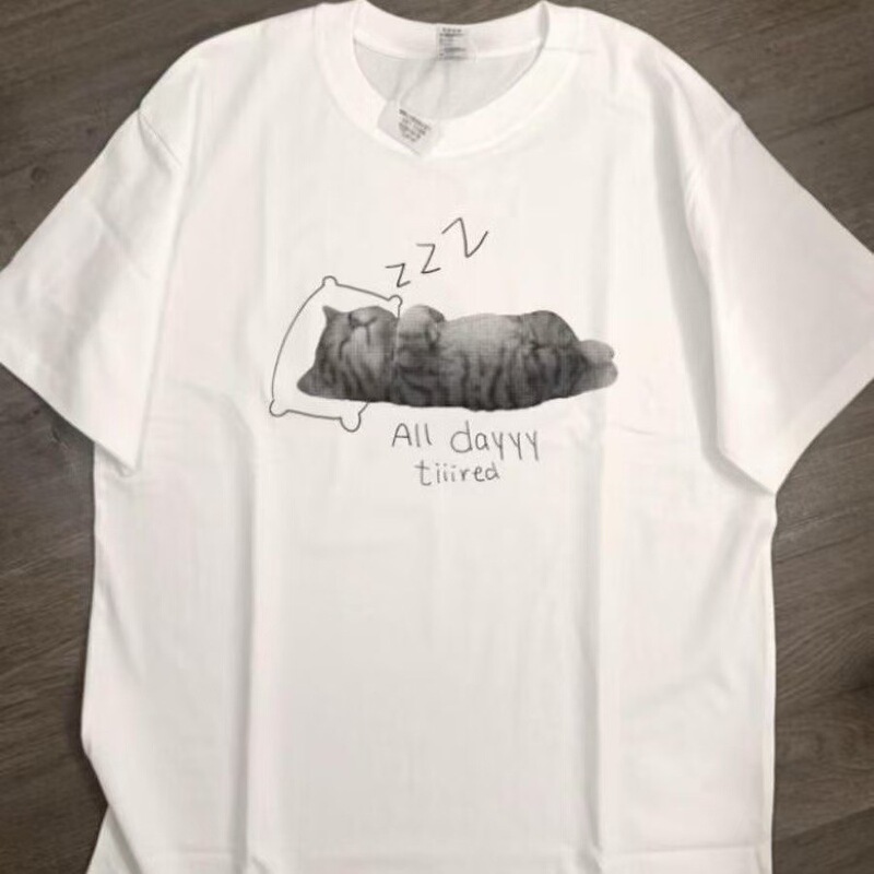 Milk silk short-sleeve t-shirt for men and women, new summer American style, personalized trendy brand, sleeping cat print top