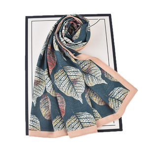 Autumn and Winter New Fashion Leaf Print Pearl Chiffon Scarf Travel Shawl Long Scarf Women Cross-Border