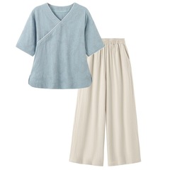夏の新しい中国風の女性の文学レトロな綿とリネンの V ネック半袖トップカジュアル禅茶服セット