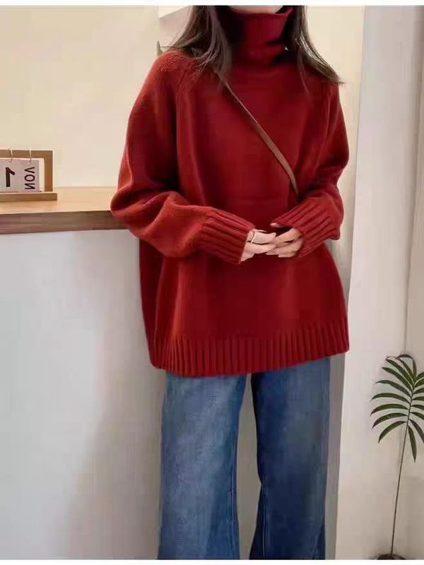 2025秋冬季新款羊毛堆堆领套头长袖毛衣女宽松纯色内搭针织打底衫|undefined