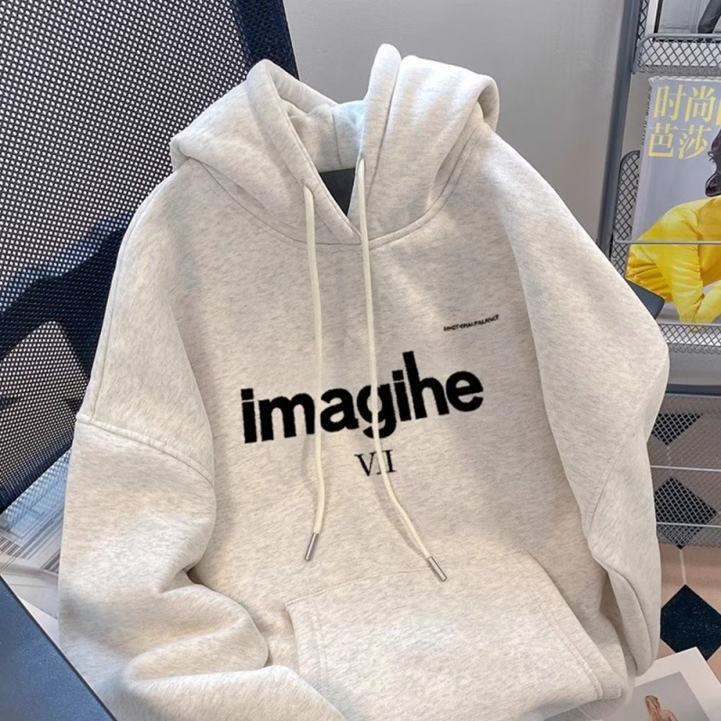 Herren-Fleece-Sweatshirt mit Kapuze in Übergröße, trendig, locker, lässig, lässiger Stil, weißer Look, Hongkong-Stil_voghion.com