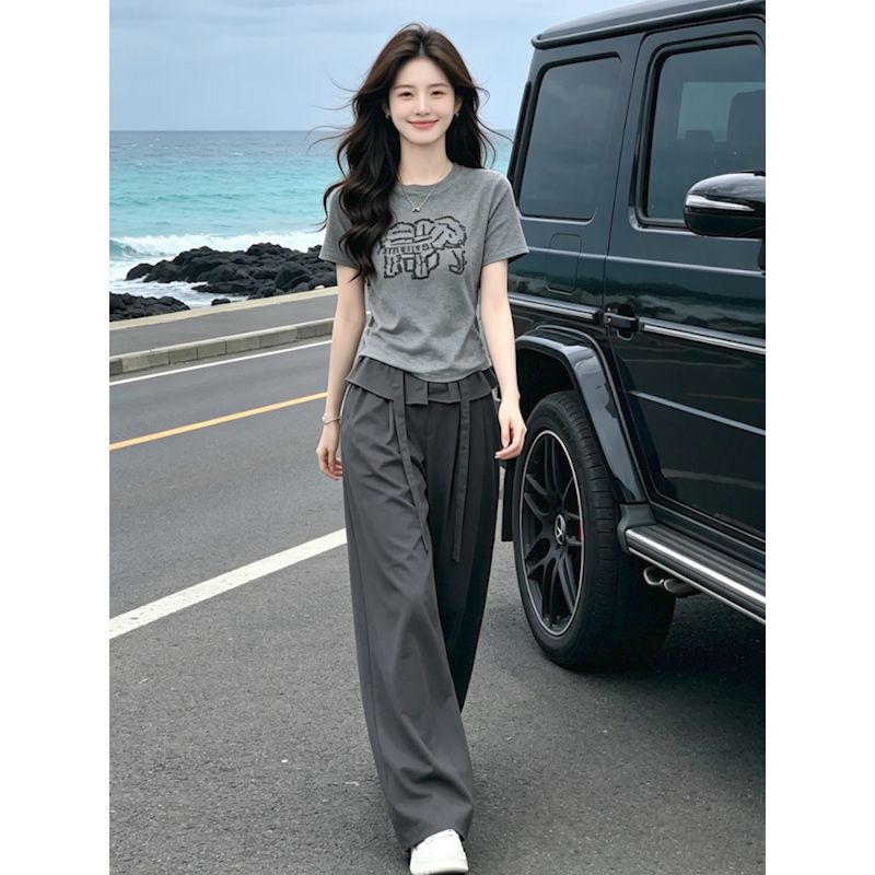 2026 Summer Minimalist Style Letter T-Shirt Wide-Leg Pants Sports Suit Women's Casual High-End Two-Piece Set Women's Clothing