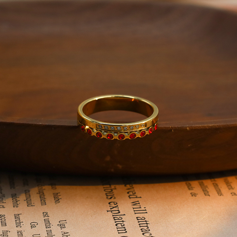 Red Diamond Inlaid Stainless Steel Ring