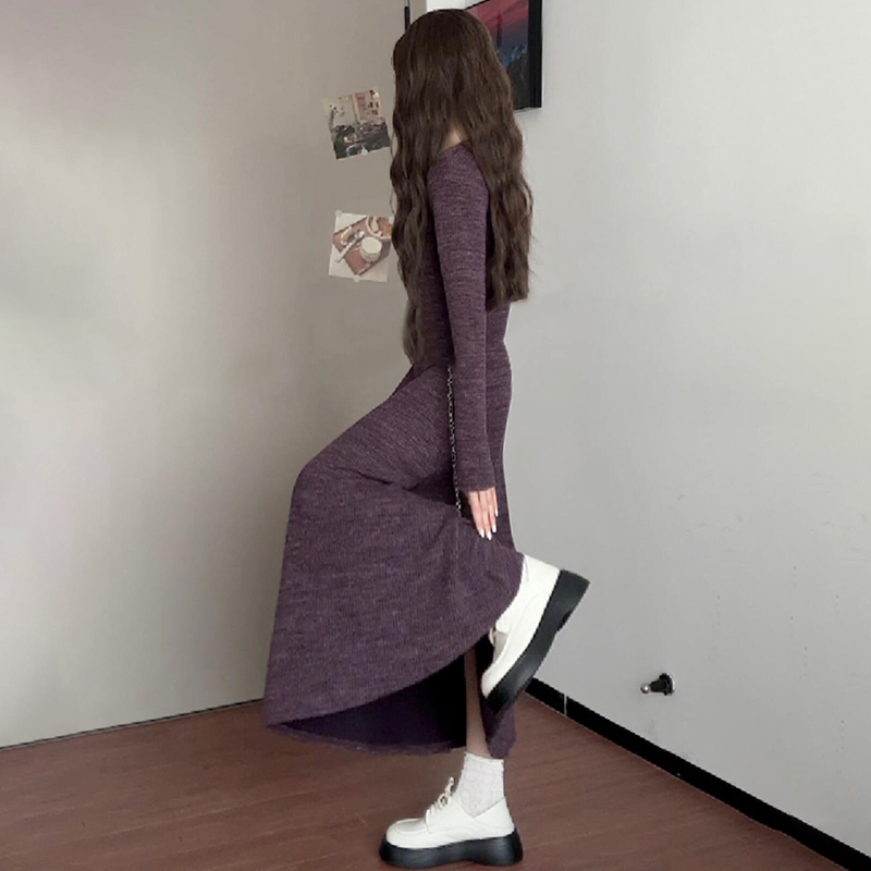 紫色法式v领毛衣针织连衣裙子女秋季2025新款配大衣内搭打底长裙|undefined