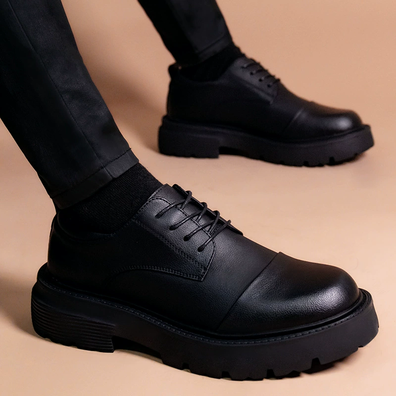 Новые мужские большие кожаные туфли, деловые повседневные туфли-дерби на толстой подошве, увеличивающие рост, формальные кожаные туфли, универсальная британская поддержка, секретный текст