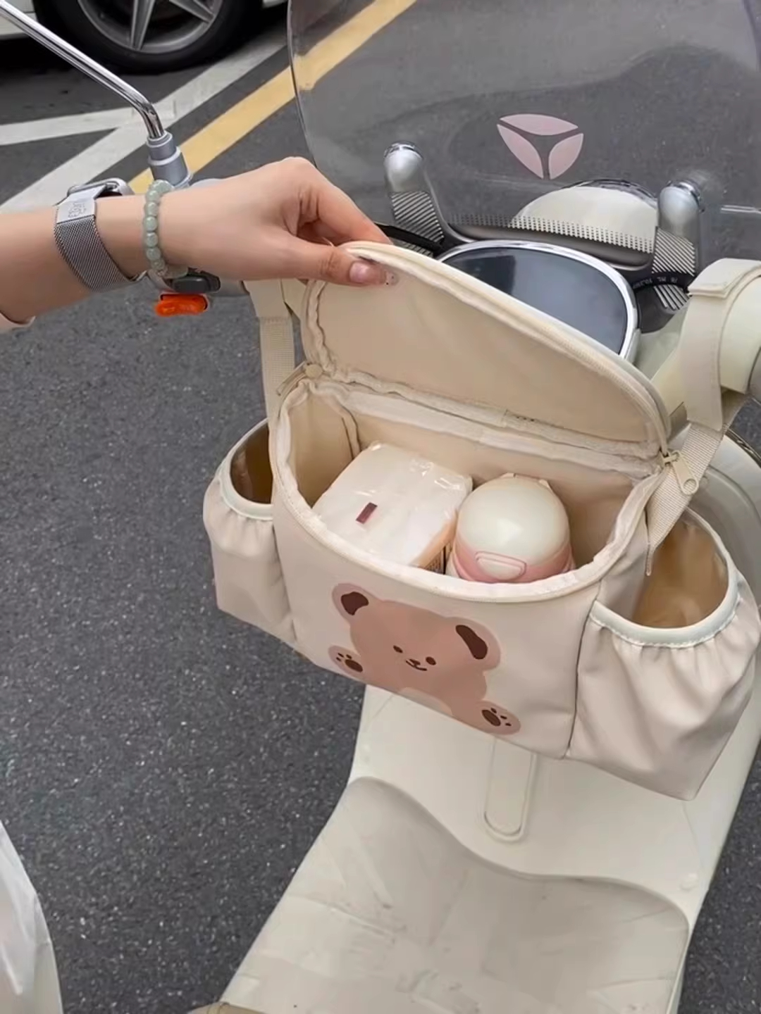 New Electric Vehicle Hanging Storage Bag for Tricycles and Baby Strollers, Large Capacity Front Storage Pouch, Phone Holder