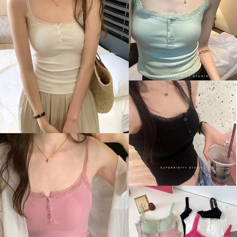 9062 Summer New Style Pure Cotton Western Style Sling Lace Top Women's Design Sense Niche Flower Sexual Vest with Chest Pad