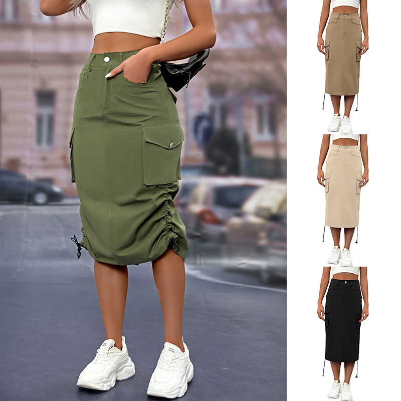 Cross-Border European and American Amazon Women's High-Waisted Button Denim Skirt with Multiple Pockets, Workwear-Style Half Skirt, Fashionable Large Hem