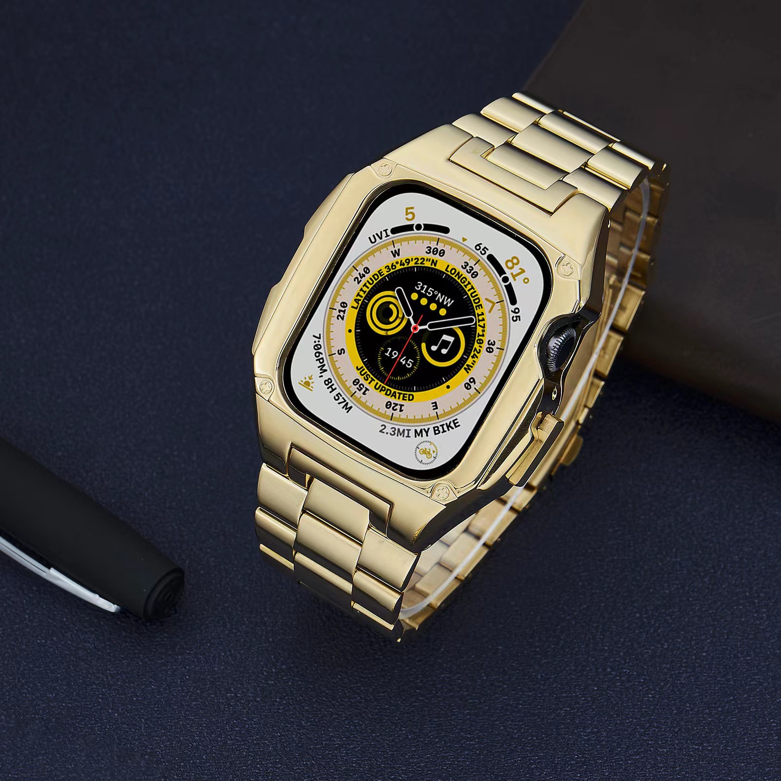 现货适用于apple watch苹果44/45三珠改装铠甲一体不锈钢表带表壳