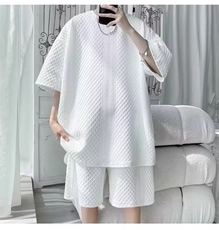 Men's Athletic Waffle Knit Short Sleeve T-Shirt And Shorts 2-Piece Set, Summer Casual Sports Outfit For Teens And Young Adults_viptrois.com