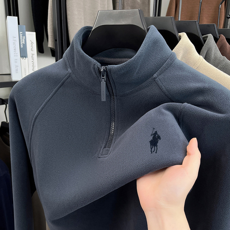 Men's Wool Fleece Half-Zip Sweatshirt Men's Autumn and Winter Casual Stand-Up Collar Warm T-Shirt Versatile Long-Sleeved Top