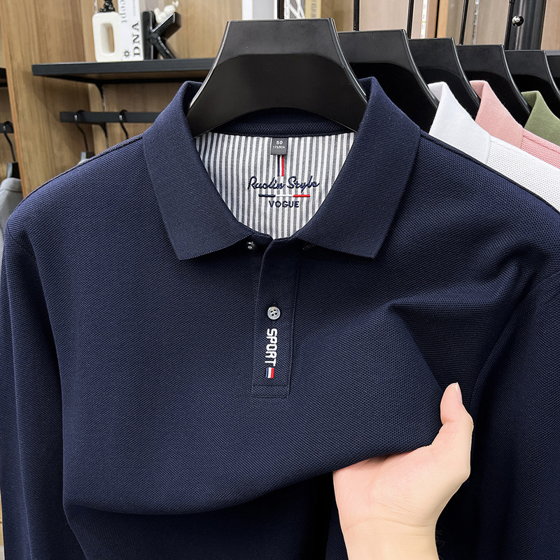 Cross-border bestseller men's autumn long-sleeve polo collar mercerized cotton t-shirt, loose and breathable base shirt, pure cotton top Cross-border bestseller men's autumn long-sleeve polo collar mercerized cotton t-shirt, loose and breathable base shirt, pure cotton top