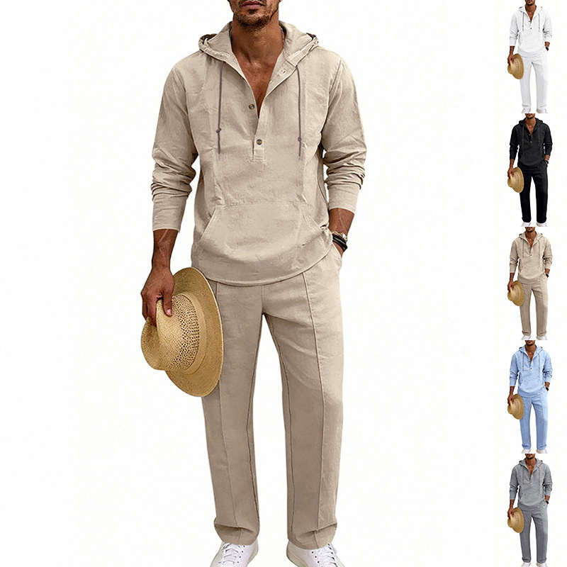 Completo da uomo in lino con cappuccio e pantaloni, vestibilità ampia, stile americano, casual, per vacanze e tempo libero, maniche lunghe._voghion.com