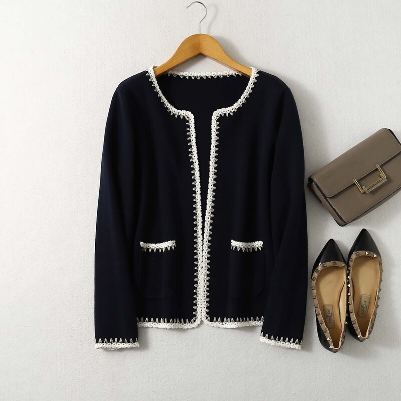 Silk cashmere cotton blended Chanel style contrast color knitted cardigan no button round neck coat hook lace top