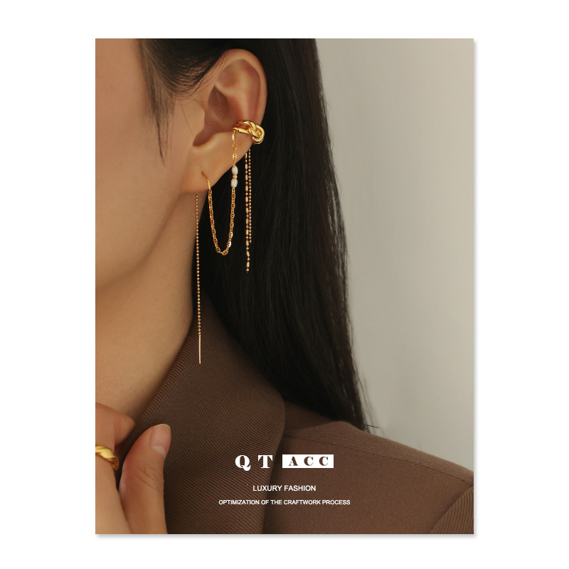 Latón chapado 18K oro real Corea del Sur temperamento de hadas de una sola pieza pendientes de la Perla del oído de alambre de bobinado de diseño del oído clip de hueso femenino
