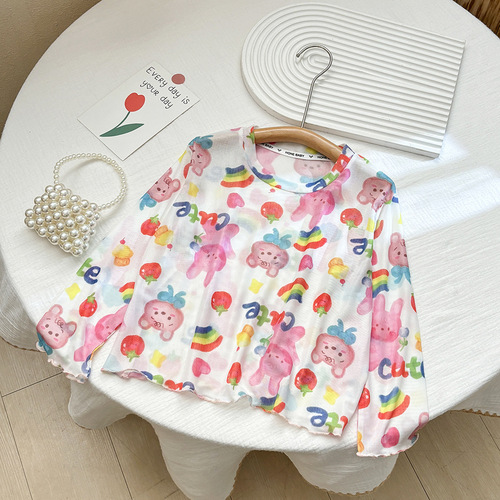 Girls' Summer Sun-Protective Base Layer Shirt | Kids' Dopamine-Print T-Shirt | New Mesh Ice Silk Long-Sleeved Skin-Friendly Top