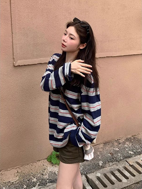 韩系蓝色条纹休闲防晒长袖T恤女夏季宽松慵懒风外搭薄款罩衫上衣|undefined