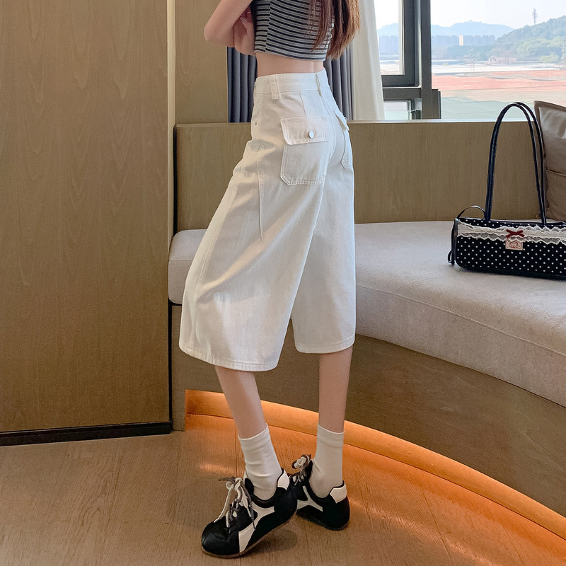 Wide-Leg White Cropped Jeans for Women, Summer 2026 New Style, High-Waisted, Slimming, Loose Straight-Leg Cropped Denim Shorts for Women