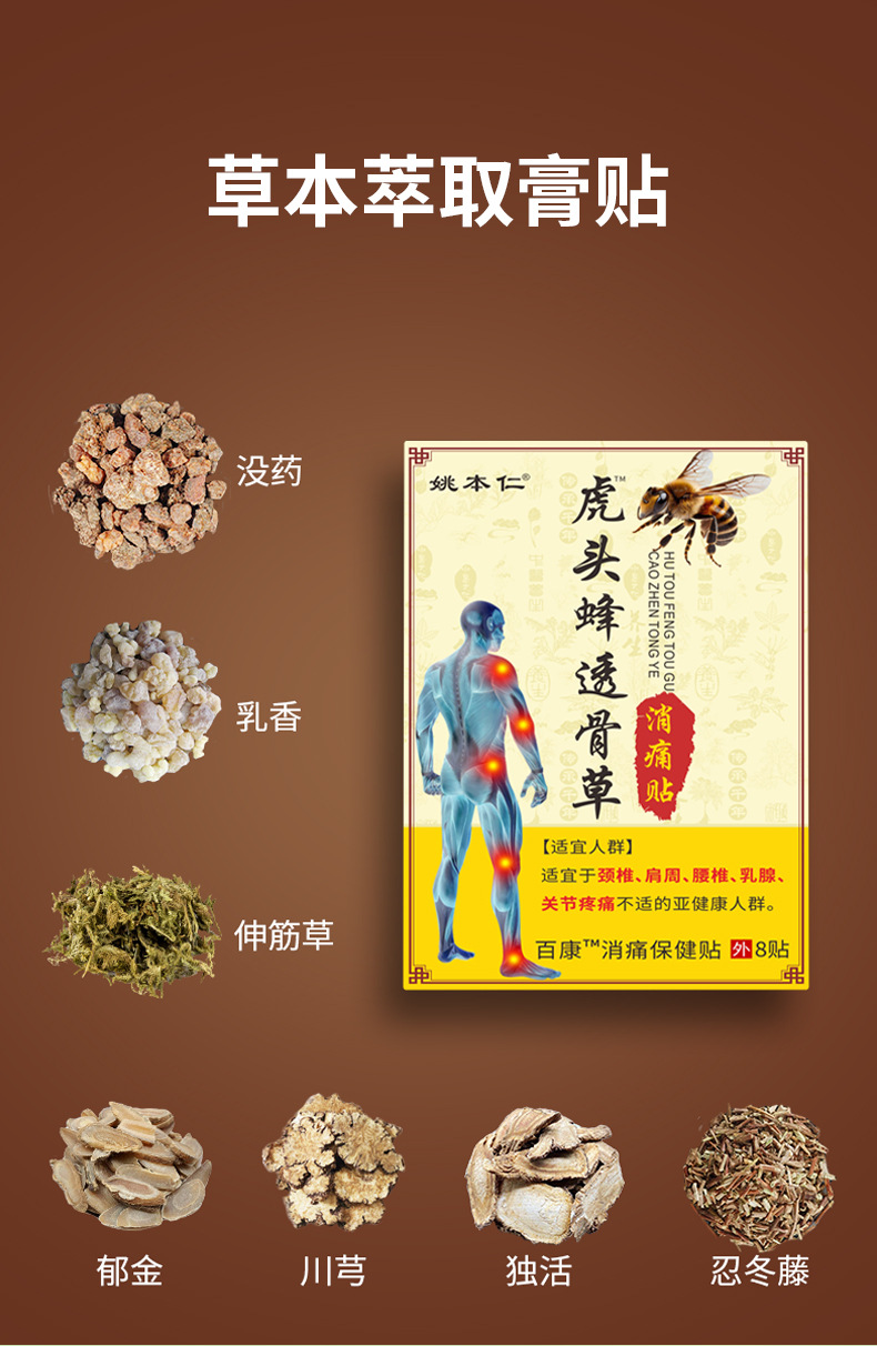 Yao Benren Tiger Head Wasp and Tougucao Pain Relief Patch Self Heating Herbal Plaster for Shoulder 8 Patches in use