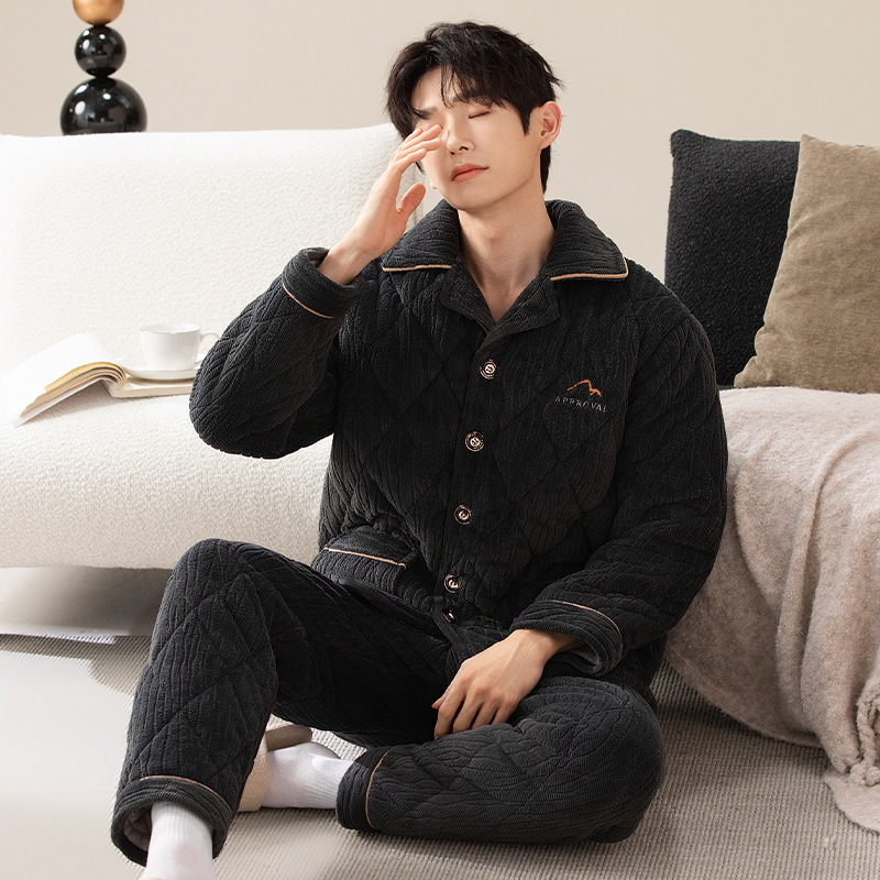 두꺼운 기모 겨울 남자 퀼트 플란넬 긴 소매 잠옷 카디건 따뜻한 세트 가을과 겨울 홈 옷
