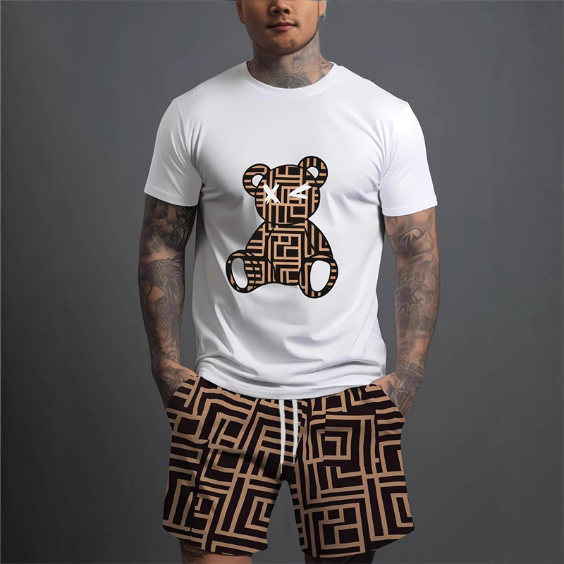 Cross-border Men's 3D Bear Print Short-sleeved T-shirt Shorts suit Sports Super plus size Top Casual Loose Summer Style