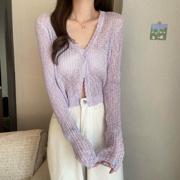 Вязаный тонкий летний шелковый кардиган, короткая куртка, длинные рукава, стиль Шанель, V-образный вырез, оверсайз, защита от солнца