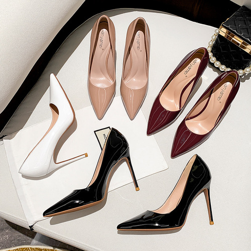 European and American style simple shallow mouth thin stiletto women's single shoes  spring new nude color pointed toe patent leather high heels