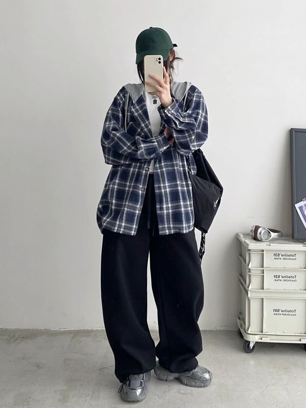 复古连帽格子衬衫女春秋宽松慵懒风小个子格纹衬衣跨境防晒外套女|undefined