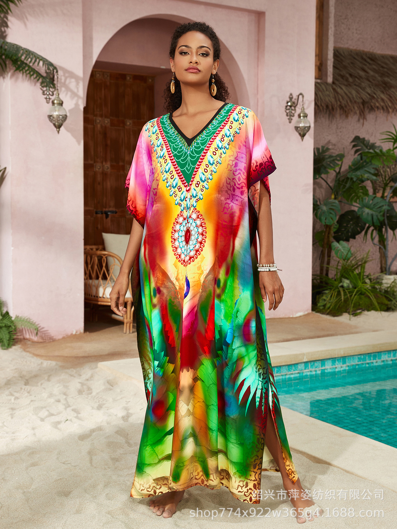 Camiseta de playa de algodón impresa de posicionamiento bohemio falda larga camisa de vacaciones protector solar bañador con pañuelo AT556