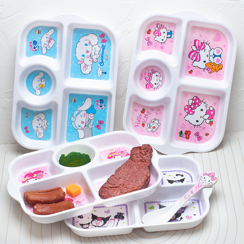 Children's Tableware Set Baby Divided Plate Imitation Porcelain Melamine Household Anti-Fall Suction Cup Cartoon Kuromi Eating Bowls and Chopsticks