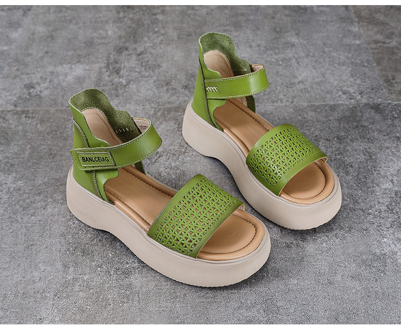 Dép sandal nữ quai chữ V da bò thật, đế mềm Velcro — màu xanh lá cây chi tiết 13