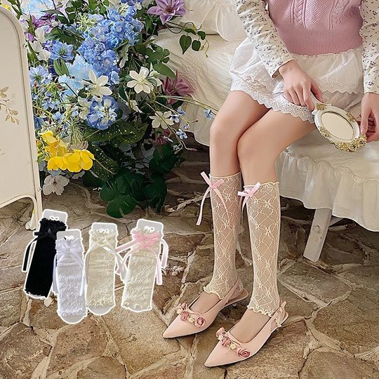 Bow lace socks women's spring and summer thin pile socks Lolita hollow lace hand sleeve Japanese ballet sleeve
