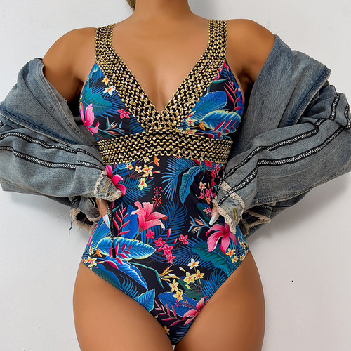 2024 New Colorful Multicolor European and American Print Cross-border Deep V Tankini Sexy One-piece Swimsuit AliExpress Bikini