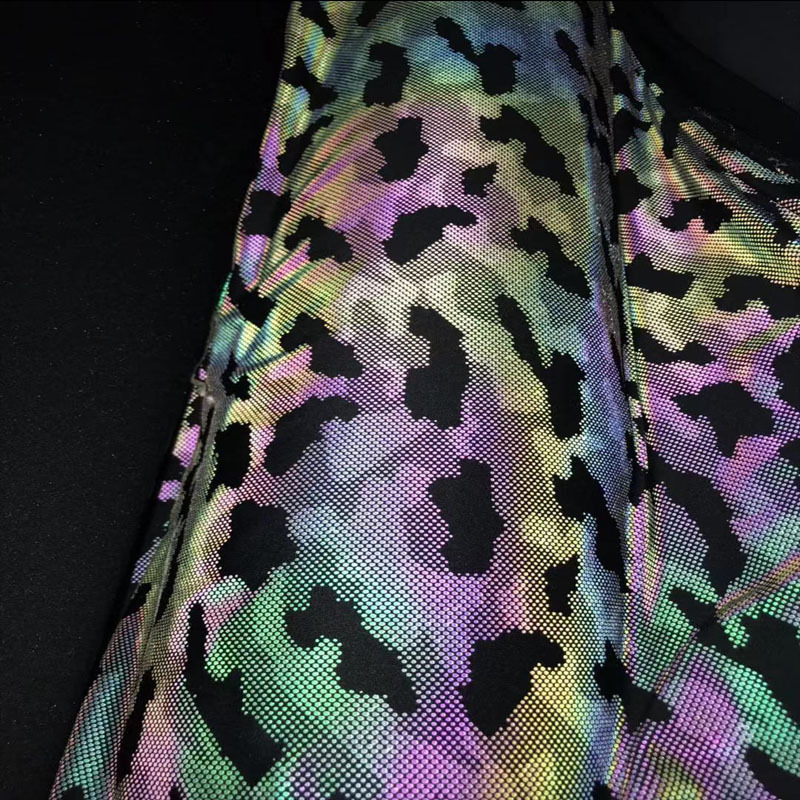 耐水洗幻彩四面弹力布七彩花式反光布运动服装用迷彩印花反光面料