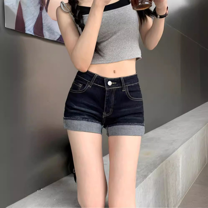 High Waist Shorts Straight Leg Pants Jeans dark blue Hanging Design Hot Pants Women's 2512 High Waist Shorts Straight Leg Pants Jeans dark blue Hanging Design Hot Pants Women's 2512