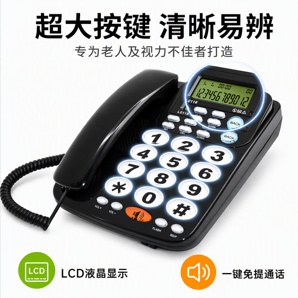 L011B Caller ID Telephone - Battery-Free Transparent Large Buttons, Speed Dial, Business/Office/Home Landline