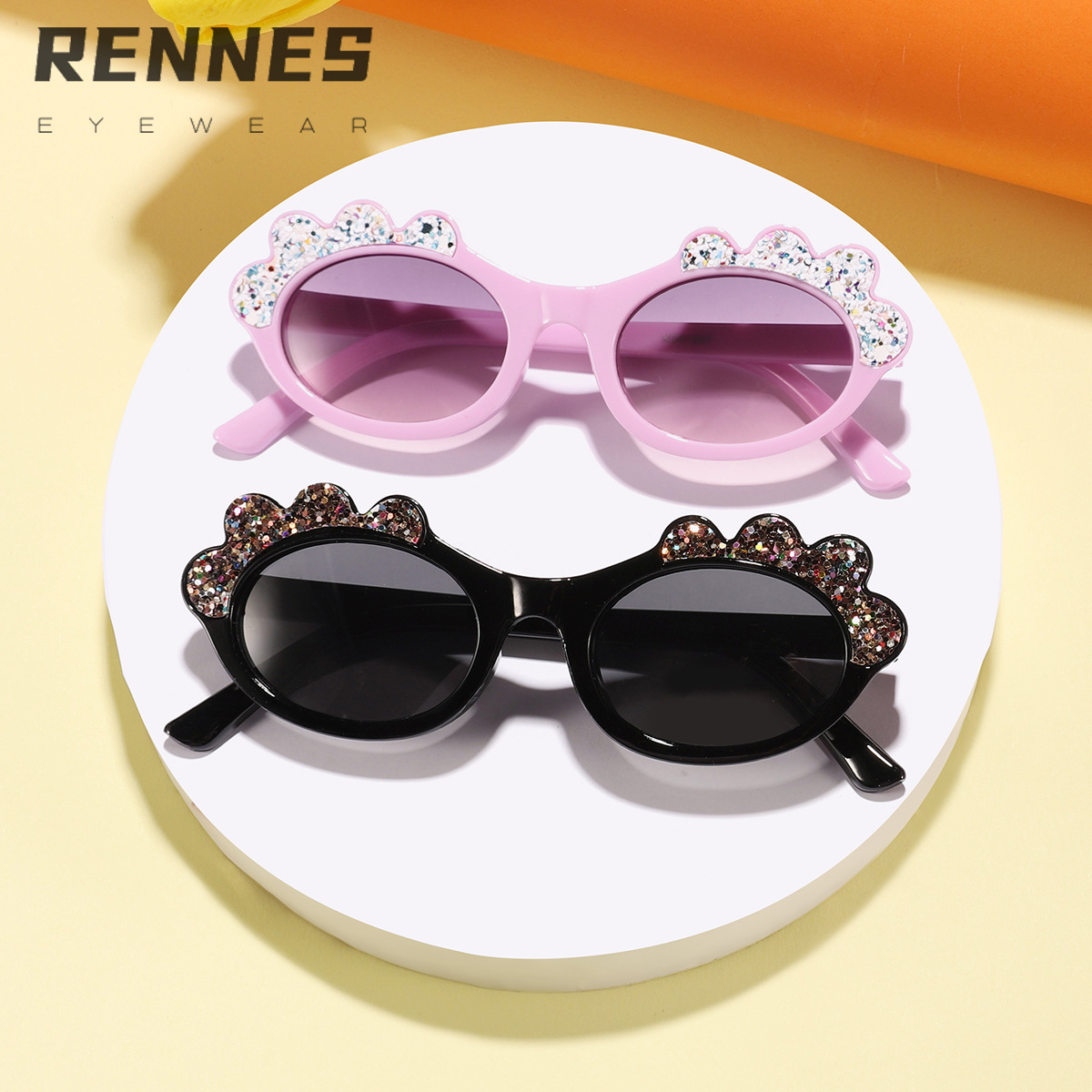 Gafas de sol anti-ultravioleta con marco ovalado de dibujos animados lindo con lentejuelas para niños