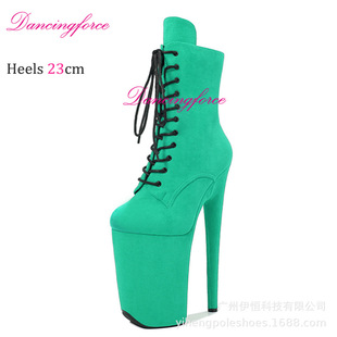 23cm Super High Heel Pole Dance Performance Velvet Black Ankle Boots Round Toe Thin Heel Tiangao Model Show Shoes