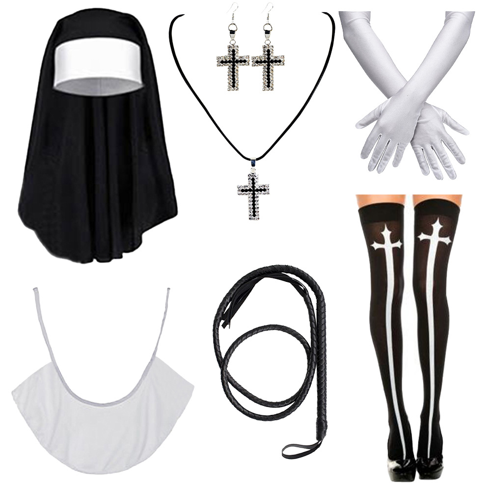Halloween sexy cosplay monjas juegan disfraz ropa pañuelo calcetines collar crucifix set