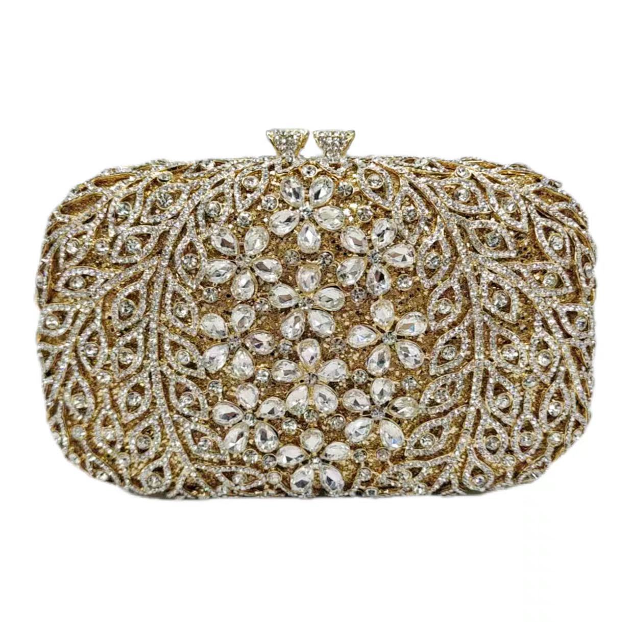 Túi clutch nữ đính đá dạ hội hộp cứng kim loại rỗng — Màu vàng, Màu bạc