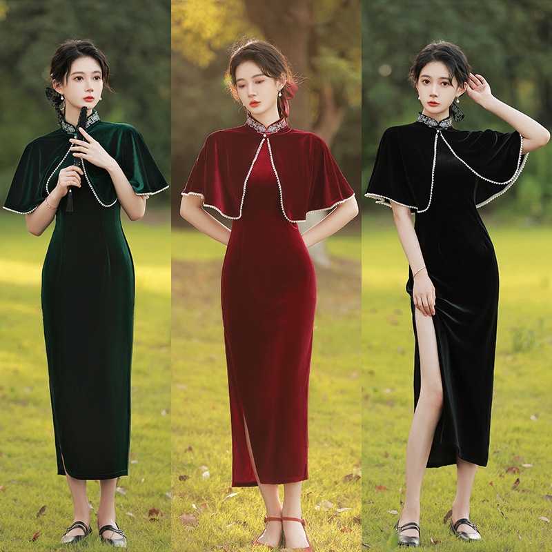 Chinese style retro qipao dark green wine cheongsam dress velvet stand-up collar cheongsam Retro modified slim shawl autumn long Chinese dress