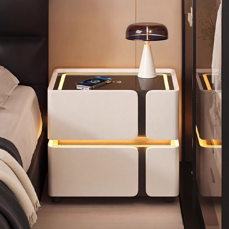 Escritorio de cabezal de cama inteligente dormitorio doméstico 2025 nuevo tipo de lujo ligero de madera sólida de alto nivel multifuncional dormitorio principal de alto valor de cara al lado de la cama gabinete