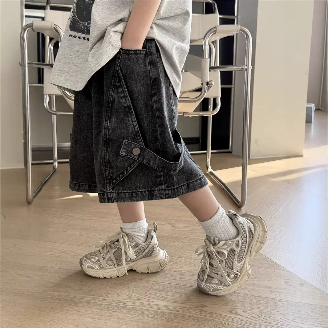 2025男童夏季新款裤子个性拼接黑色儿童夏装帅气牛仔工装短裤潮