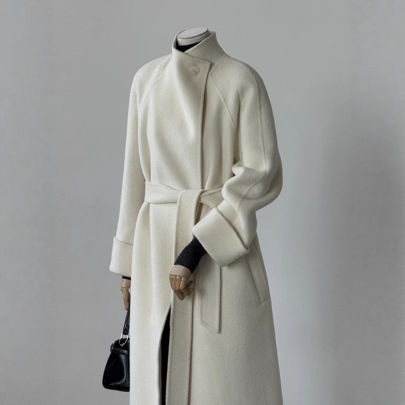 Simple and High-End Yak Wool Outwear for Women, Mid-Length Lace-Up Slimming Look Double-Sided Hand-Sewn Wool Outwear for Winter