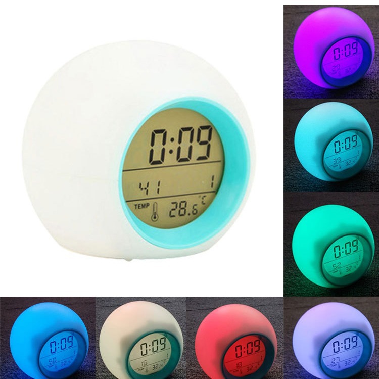 Transfronterizo creativo LED colorido cambio de color redondo reloj estudiante niños mudo snooze con temperatura electrónica despertador reloj luminoso