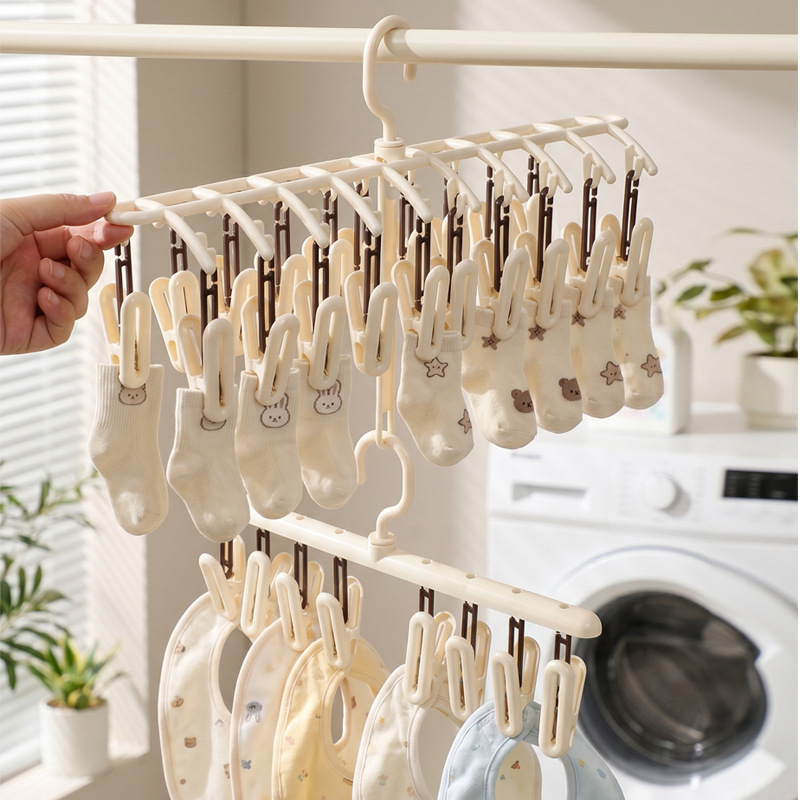 Multi-Clip Sock Drying Rack for Home Use on Balcony, Children's Non-Marking Windproof Clothes Hanger, Foldable Sock Rack