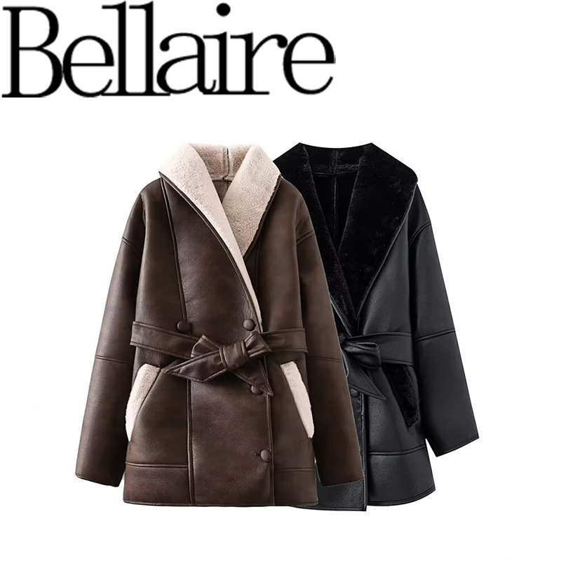 ZA外贸批发 欧美风法式女装双色皮毛一体风衣网红同款