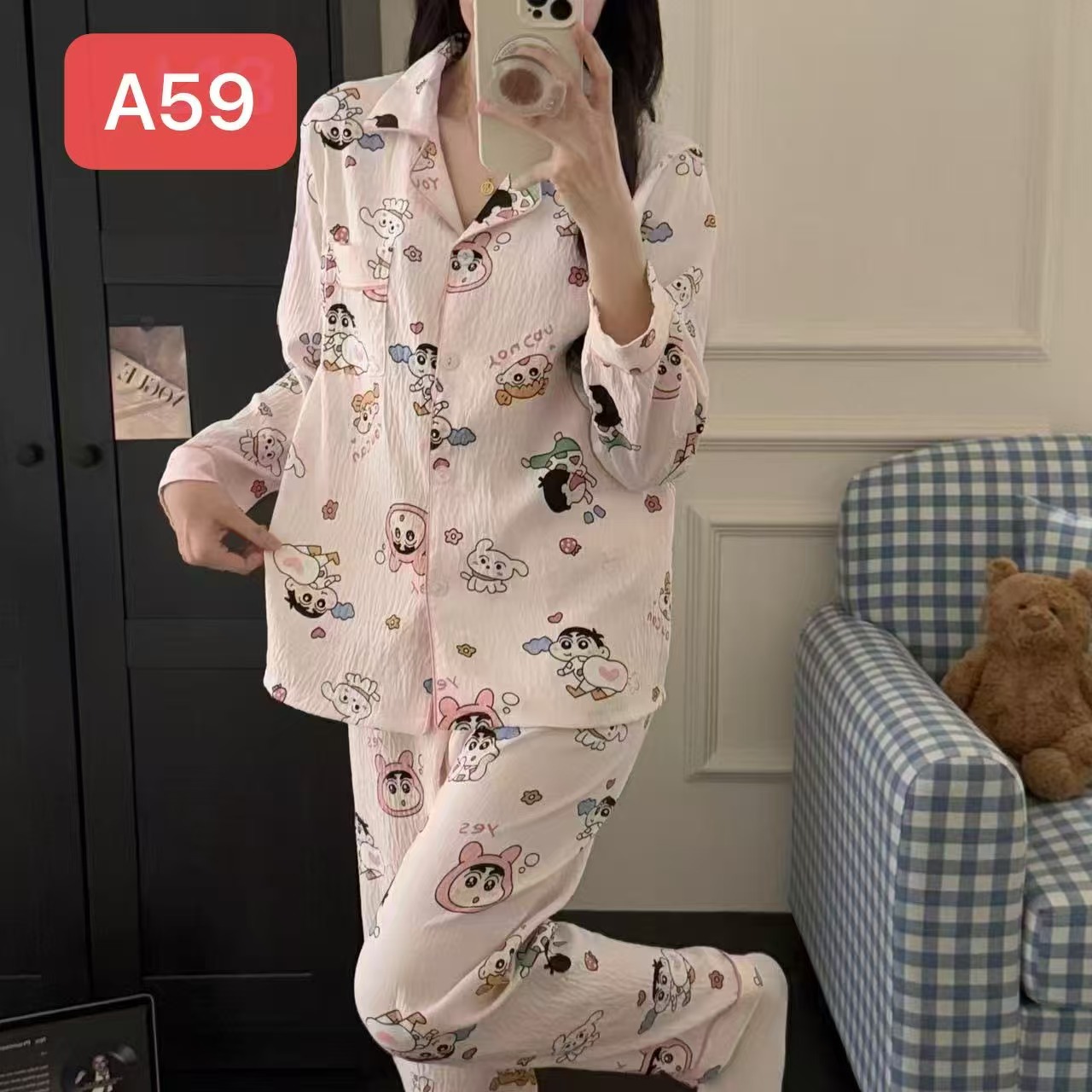 Algodón nublado al por mayor transfronterizo nuevo pijama de niña pantalones de manga larga delgados dulces dibujos animados impresión de ropa para el hogar set